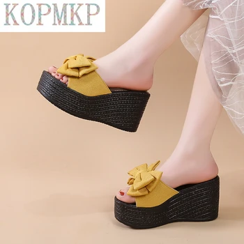 2022 Yeni Slip-On Terlik Kadın Yaz Sandalet Ayak Platformu Kelebek düğüm Slayt Kama Terlik Ayakkabı Kadın Boyutu 34-43
