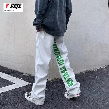 Amerikan Sokak Yeşil Nakış Kot Erkekler Bahar Gevşek Hip Hop düz pantolon Yüksek Sokak Ins Gelgit Kot Pantolon Şık Pantolon