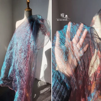 Pileli Organze Tül Kumaş Mavi Kırmızı Degrade DIY Patchwork Arka Plan Dekor Çeşitli Etek cüppe şeklinde gelinlik Tasarımcı Kumaş