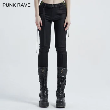 PUNK RAVE kadın Punk Yakışıklı Skinny Tayt Streetwear Bandaj Tasarım günlük pantolon Bel Yan Sarı-yeşil Ekleme