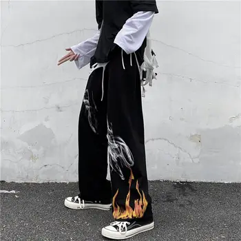Feiernan Yangın Baskı Siyah Gotik Pantolon Kadın Hip Hop Hippi Streetwear Harajuku Düz Bacak Pantolon Gevşek Moda Goth Pantolon