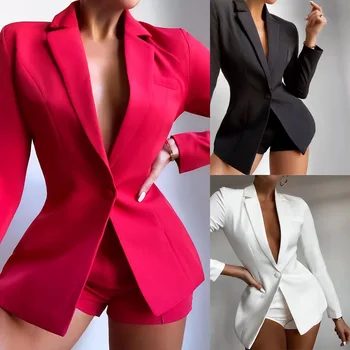 Iki Parçalı Blazer Takım Elbise Kadın Ofis Setleri Sonbahar Uzun Kollu Hırka Blazer Şort Katı 2 Parça Set Bayan Casual Blazers Seti