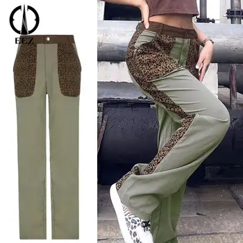 Vintage Leopar Patchwork Düz Yüksek Bel Pantolon Kadınlar için Rahat Vintage Tam Boy Pantolon Kontrast Renk Y2K Streetwear