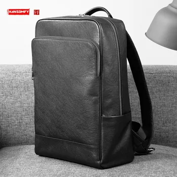Moda Marka Hakiki Deri erkek Sırt Çantası Büyük Kapasiteli Bilgisayar Sırt Çantası Yumuşak Siyah Deri Laptop Schoolbag omuz çantaları
