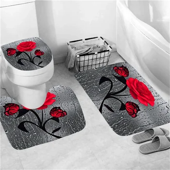 3 Adet Tuvalet yatak örtüsü seti Çiğ Damlası Gül Dijital Baskı Zemin Halıları Banyo kaymaz U şeklinde Halı Emici Sünger WC Mat