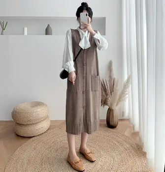 Gevşek Orta Uzunlukta Kazak Yelek Sonbahar ve Kış Yeni Düz Renk Banliyö Örgü Elbise kadın Uzun Yün Hırka Ceket y475