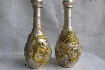 Çin Beyaz Bakır Bronz Gümüş Yaldızlı İki Ejderha Oyun Boncuk Kraliyet Pot Vazo Çifti
