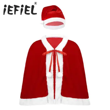 Çocuk Kız Kırmızı Noel Kadife Santa Pelerin Kürk Yaka Kısa Pelerin Şal Noel Şapka Noel Kostüm Cosplay Kıyafet Aksesuarı