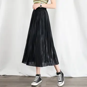 Kadınlar Casual Şifon Pilili Etekler Yüksek Bel Elastik Midi Etek Astar İle Kadın Harajuku Siyah Dipleri Streetwear
