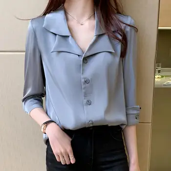 Gömlek Kadın Fransız Takım Elbise Yaka 2020 Sonbahar Yeni Gevşek Uzun kollu Şifon Gömlek Tek Göğüslü Saf Renk Kadın Bluzlar Tops