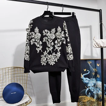 Yeni Kadın Giyim 2021 İlkbahar Sonbahar Moda Uzun Kollu Örme Kazak + Harlan Pantolon İki Parçalı Set Bayanlar Kıyafetler Gelgit H1145