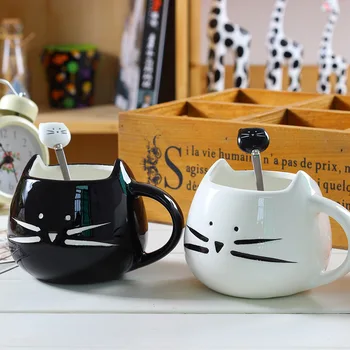 Seramik Sevimli Kedi kaşıklı kupalar Kahve Çay Süt Hayvan kulplu bardaklar 400ml Drinkware Güzel Hediyeler