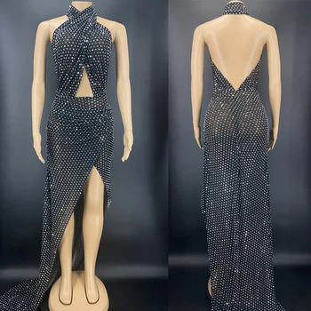 Parlak Siyah Lüks Rhinestone Elbise Seksi Halter Backless Glittery Abiye Doğum Günü Ön Yüksek Bölünmüş Uzun Elbise XS3071