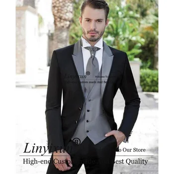 Resmi Siyah Erkek Takım Elbise Düğün İçin Gümüş Çentikli Yaka Damat Smokin 3 Adet Groomsmen Blazer Setleri İnce İş Kostüm Homme