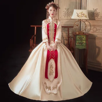 Çin Tarzı Zarif Evlilik Qipao Gelin düğün elbisesi Zarif Şampanya Sequins Boncuk Nakış Cheongsam