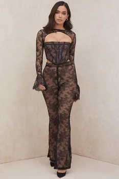 Yeni kadın Seksi Baskılı Dantel Hollow Backless Petal Uzun kollu Tayt İki parçalı Ünlü Parti moda elbise