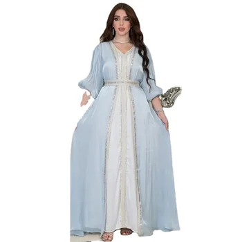 2 Adet Abaya Arapça Parti Elbise Müslüman Akşam Kuşaklı Seti Saten Boncuk Açık Abayas + Kayma uzun elbise Kadın Eşleşen Setleri Kaftan