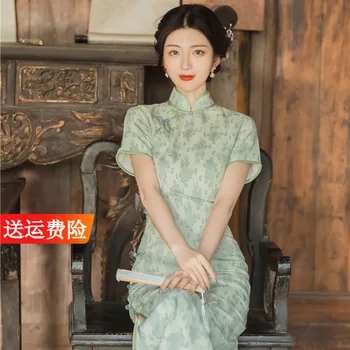 Kadın Qipao Elbise Geleneksel Çin Kostümleri Vintage Zarif Yeşil Yüksek Yarık Kısa Kollu Cheongsam Yaz Tatlı Ince Elbiseler