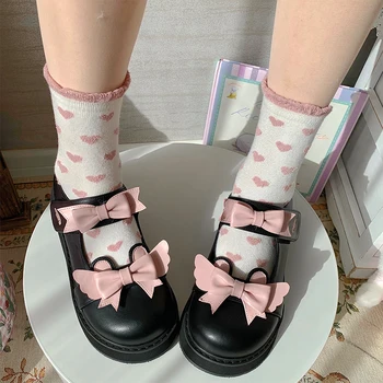 Ilkbahar Sonbahar Yeni Kawaii Tarzı Tatlı Yay Lolita Kalın Alt Moda Cosplay kadın ayakkabısı Orta Topuk Anime Pu Yuvarlak Ayak Vintage
