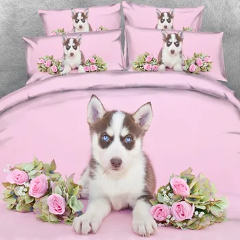 SET başına 4 ADET Tatlı Mavi gözlü Husky köpek ve Güller birçok güzel Köpek baskı kız yatak çarşafı ve erkek yatak çarşafı çocuk yatağı setleri