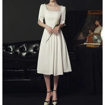 2023 Yeni Bayanlar Beyaz Vintage Elbise Zarif Kare Yaka Boncuk Mizaç Parti Gece Elbiseleri Kadın yaz giysileri XS-XXL
