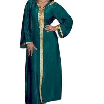 Saten Maxi Elbise Kadınlar için Zarif Etnik Nakış Yaldız Jalabiya Müslüman Dubai Arapça Fas Kaftan Robe Yeşil