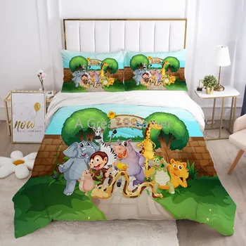 Karikatür çocuk yatağı Seti Sevimli Yorgan yatak örtüsü seti Yastık Kılıfı Yeşil Hayvanat Bahçesi Hayvan Hayvanat Bahçesi nevresim Çocuklar İçin Erkek Kız Bebek Hediye yatak takımı