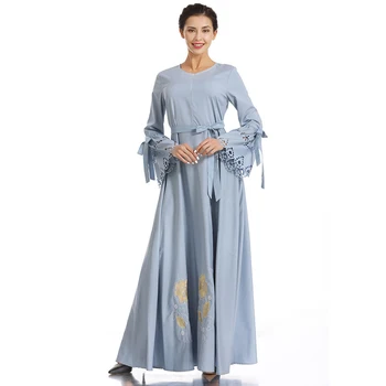 Abayas Ulusal Tarzı Maxi Elbiseler Kadınlar İçin Nakış Moda Yuvarlak Boyun Flared Kollu Hollow Out Tasarım Uzun Vestidos Müslüman