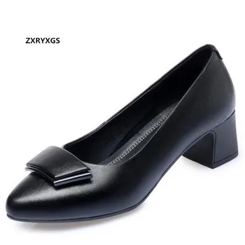 Yüksek Kaliteli Dana Sivri deri ayakkabı Kalın Topuklu Ziyafet Ayakkabı Büyük Boy Elegance Ofis Bayan Ayakkabıları Kadın moda ayakkabılar