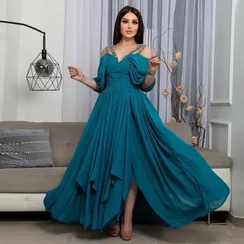 Sıcak Satış Boncuklu Sapanlar Uzun balo kıyafetleri 2022 Zarif Suudi Şifon Akşam Parti Kıyafeti Kızlar Kadınlar için Pageant Custom Made Elbise
