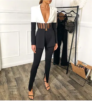 Ünlü Bandaj Elbise Zarif Kadın Blazer Takım Elbise Beyaz Siyah Hollow Out Uzun Pantolon İki Adet Set Vintage Vestios