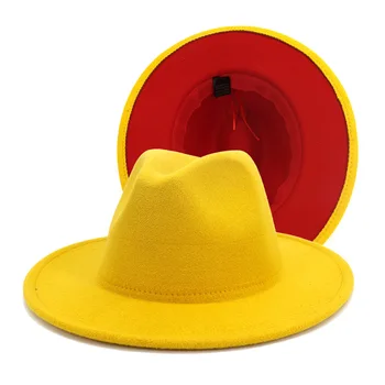 Unisex Dış Sarı İç Kırmızı Yün Keçe Caz fötr şapkalar İnce Kemer Tokası ile Beyefendi Zarif Bayan Kap