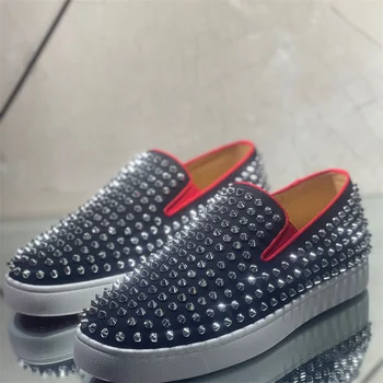 Lüks Düşük Üst Siyah Deri Gümüş Çiviler Kırmızı Alt Ayakkabı Erkekler İçin Casual Flats Sneakers Düğün Loafer'lar Kadın Sürüş Sivri