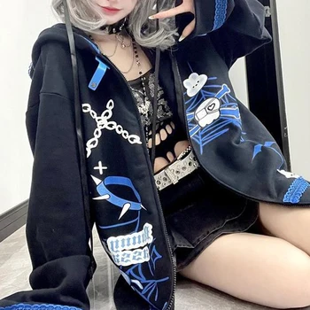 2022 Japon Punk Gevşek Kapşonlu Ceket 90s Tavşan Kulak Y2K Harajuku Alt Kültür Mont Kızlar Uzun Ceket Gotik Zip-up Kalınlaşmak Mont