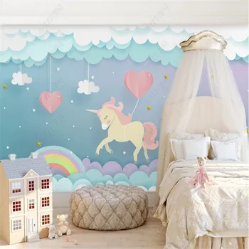 Pembe Bulut Rüya Unicorn Prenses Çocuk Odası Arka Plan duvar kağıdı 3D Oturma Odası Yatak Odası Kız Odası Dekor Duvar Kağıdı 3D