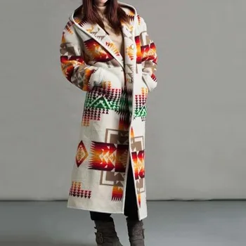 Vintage Desen Baskılı Uzun Kapşonlu Hırka Sonbahar Kış sıcak Rüzgarlık Palto Kadınlar Zarif Düğme Cep Mont Üst Mujer